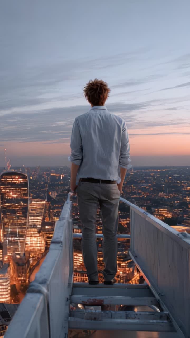 Una figura solitaria osserva un vasto paesaggio urbano, in transizione dal crepuscolo alla notte, catturando la serena bellezza dello skyline illuminato sottostante
