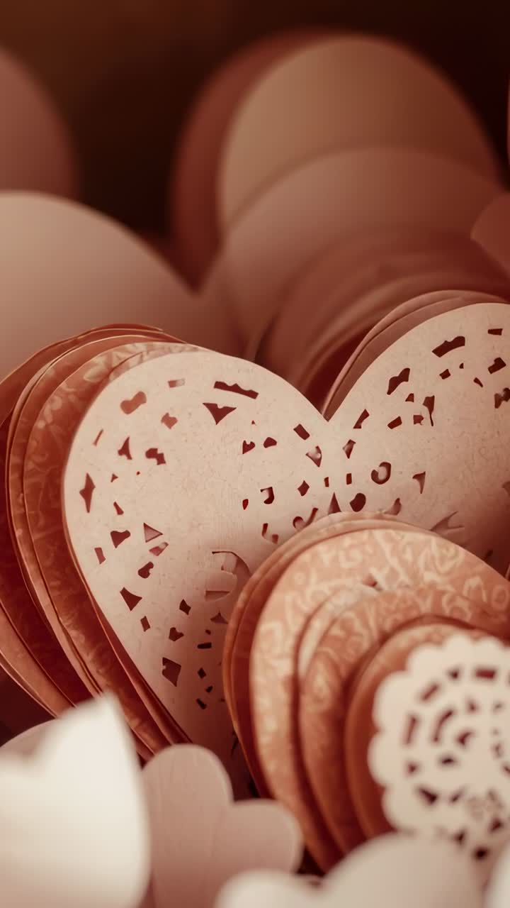 Vertical video: Moving camera showing front paper heart on craft desk, showcasing layered texture