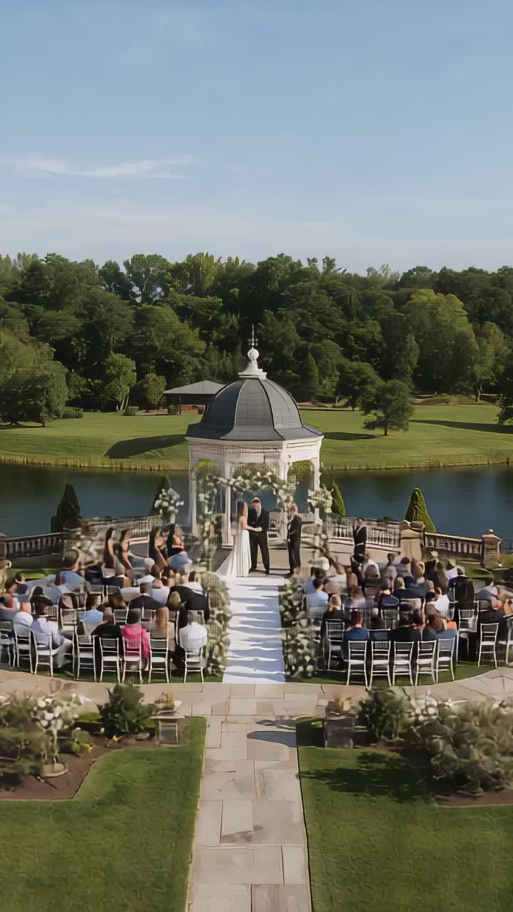 Vertical video: Officiant speaking, bride in gown and groom in suit exchanging vows at gazebo