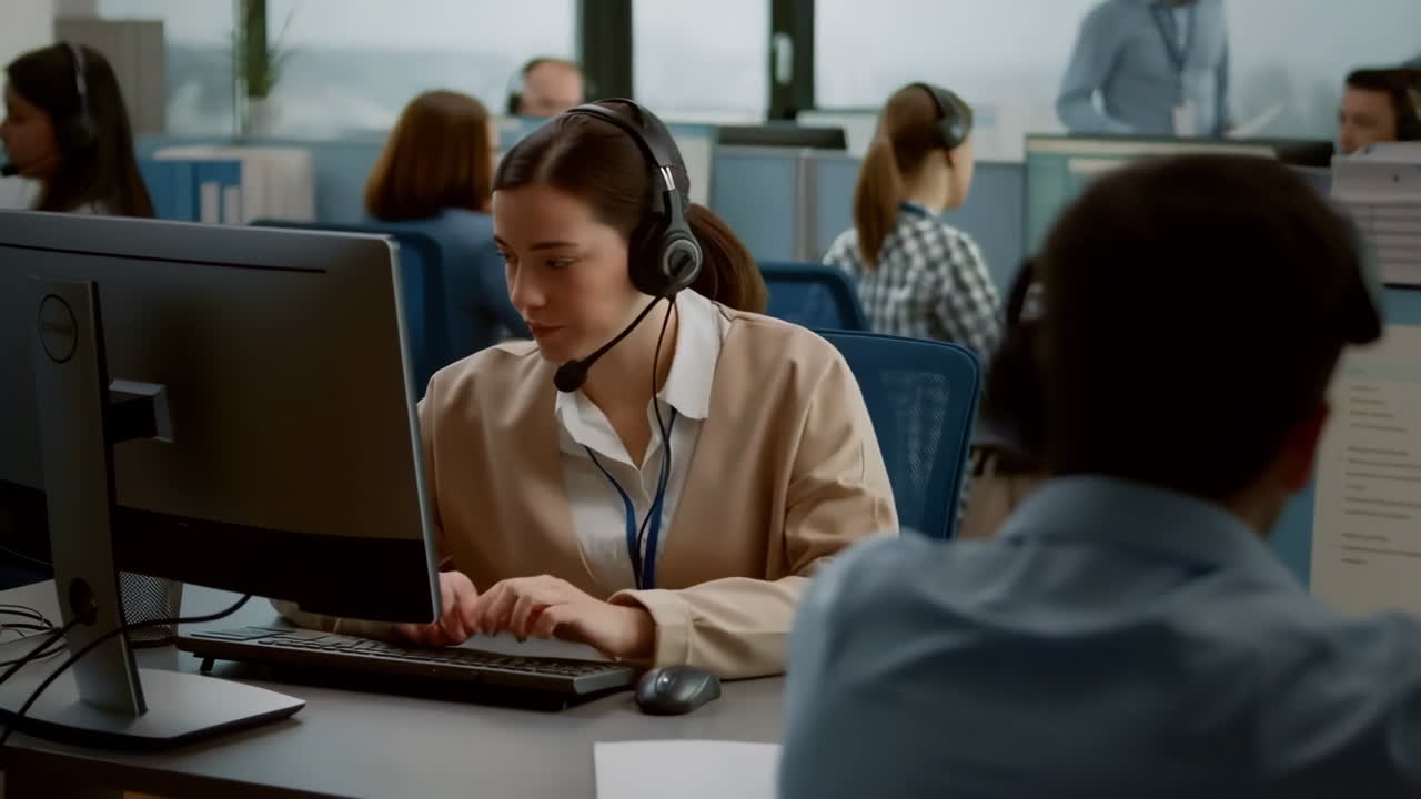 Customer Service Representative Working in a Busy Office