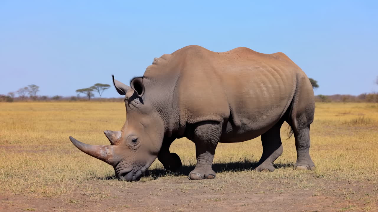 Rinoceronte bianco al pascolo sull'erba secca nella savana africana.
