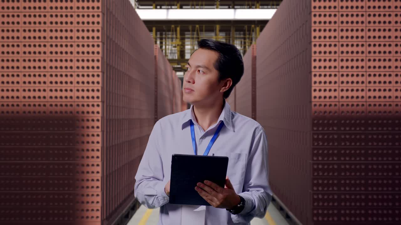 Worker Inspecting Inventory in a Brick Warehouse