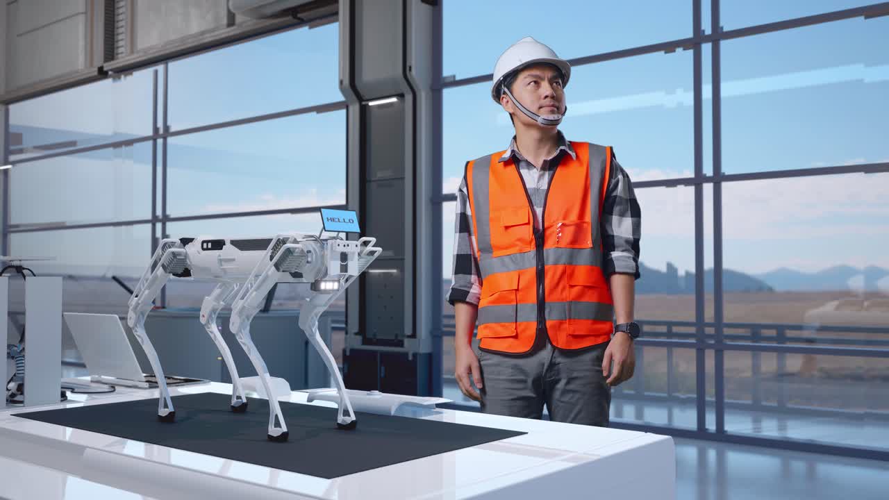 ingegnere che osserva un cane robotico in una moderna fabbrica