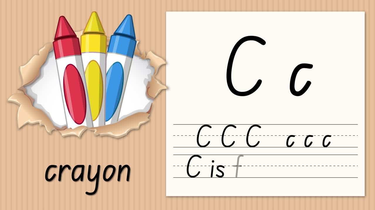 Animated educational video demonstrates writing the letter C alongside colorful crayons on a cardboard background