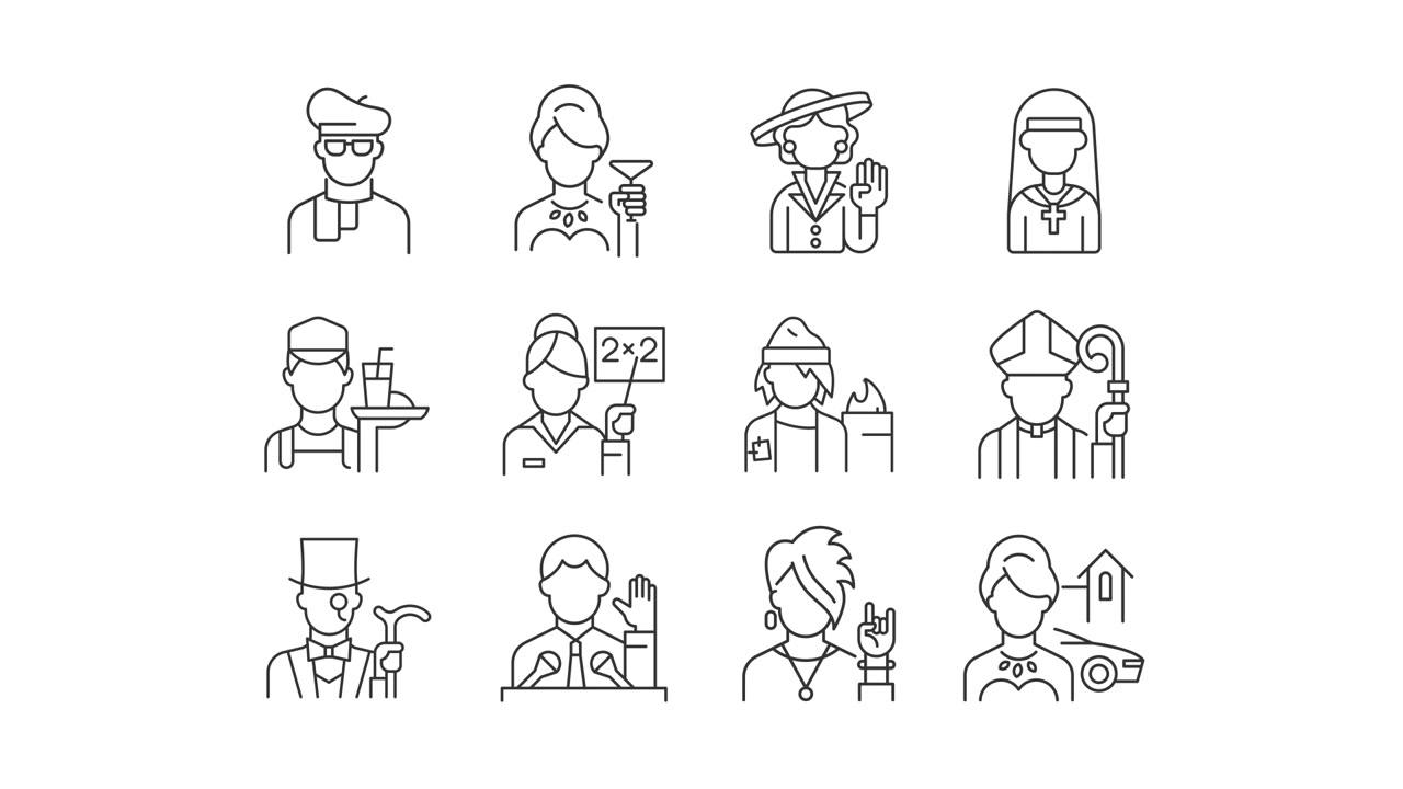 Animated Line Icons of Diverse Professions and Social Roles