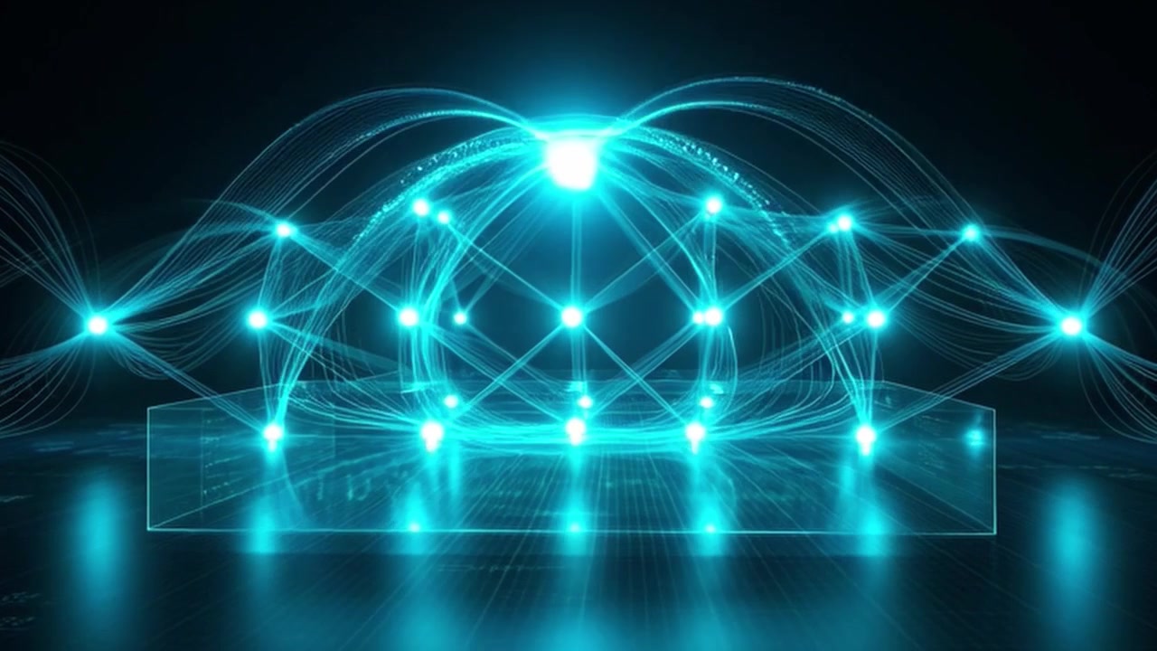 Abstract Digital Network Connection with Glowing Blue Nodes and Data Streams