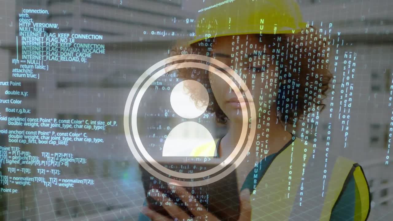 Animation of data processing over biracial female worker using tablet