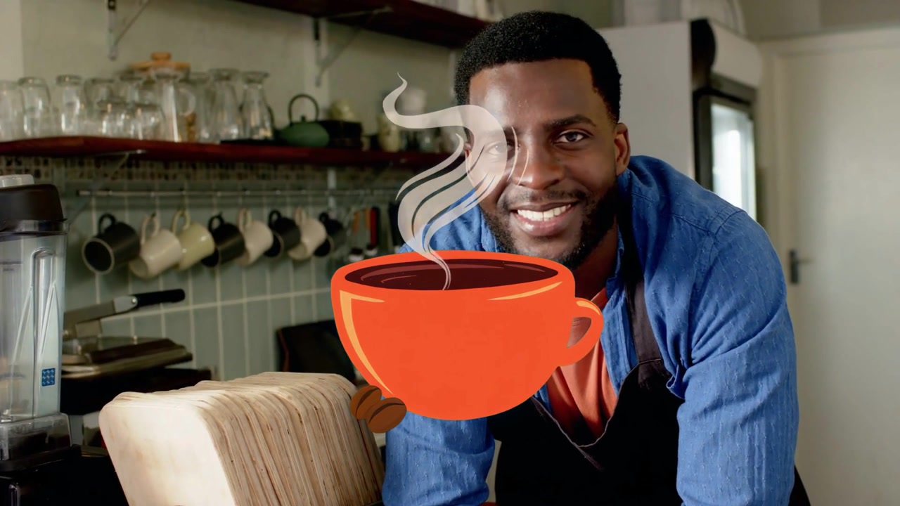 Barista che sposta il peso in avanti al bancone del caffè, con una sovrapposizione animata di una tazza di caffè che rivela un volto sorridente.
