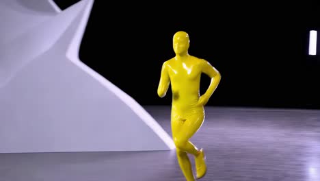 person in yellow suit running in abstract geometric background