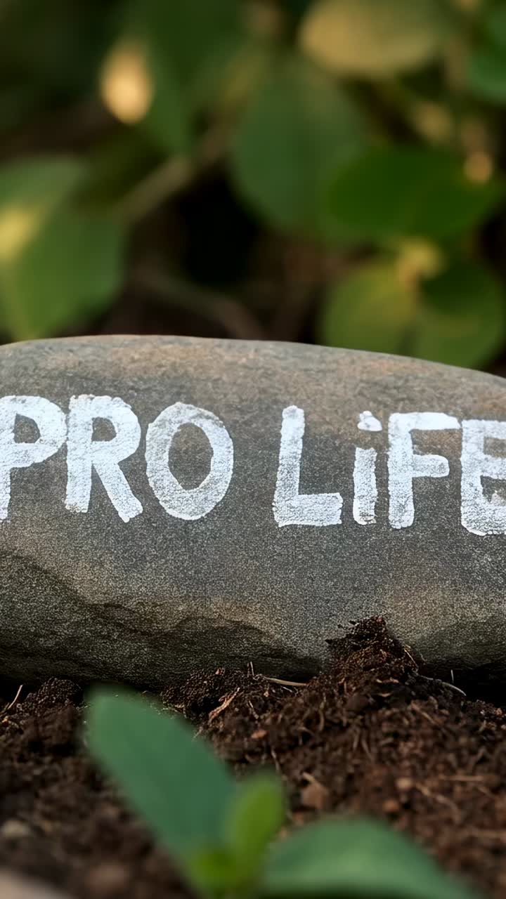 Video i portrætformat: Vinden puffer til kameraet, der fokuserer på en grå sten med en spire i en potte, der viser PRO LIFE