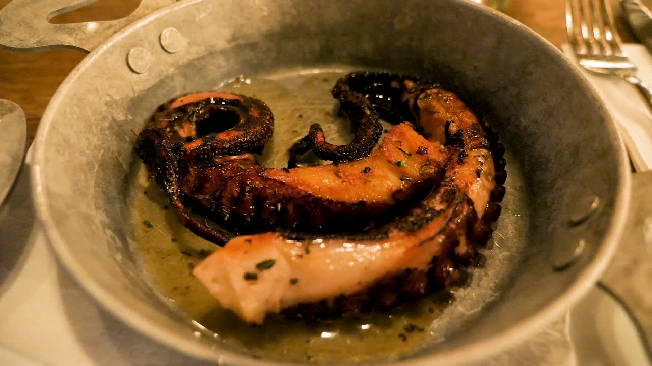 Close up of gourmet delicious fried octopus