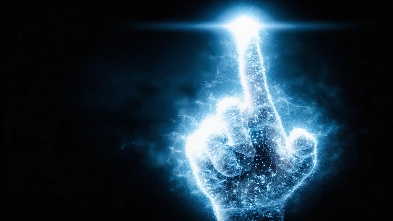 Una fascinante muestra de un gesto de mano resplandeciente, iluminando el espacio oscuro con una chispa radiante en la punta del dedo, encarnando la creatividad y el potencial en un universo digital