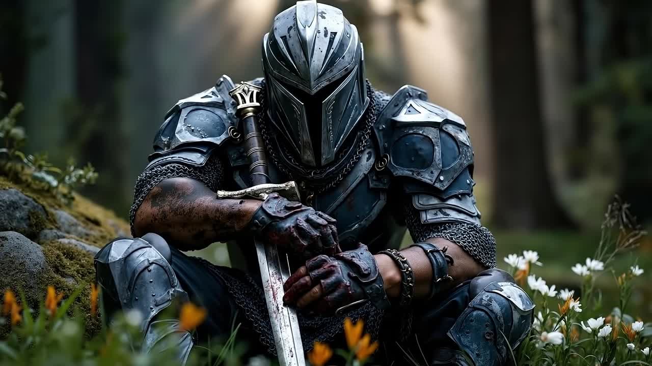 A man in armor crouching down with a sword in his hand