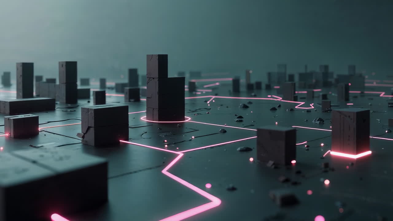 Abstract Digital Network with Luminous Pink Connections