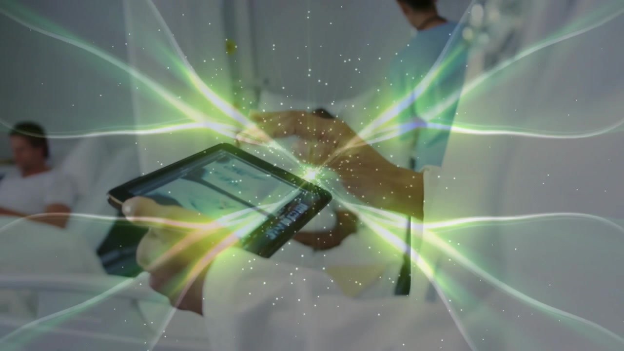 Nurse pushing bed through hospital curtain, physician tapping tablet with data swirl updating chart