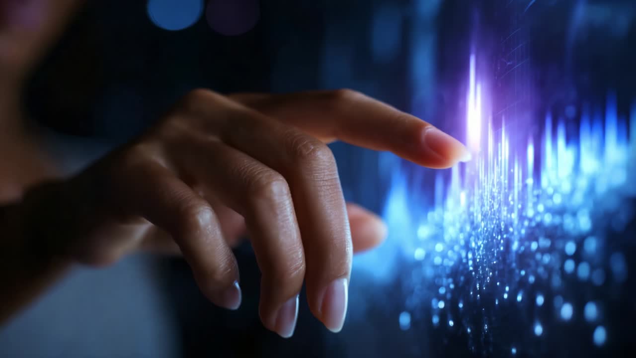 A close-up view of a delicate hand interacting with a vibrant, illuminated digital interface showcasing dynamic sound waves and data visualizations, illustrating the fusion of technology and human touch