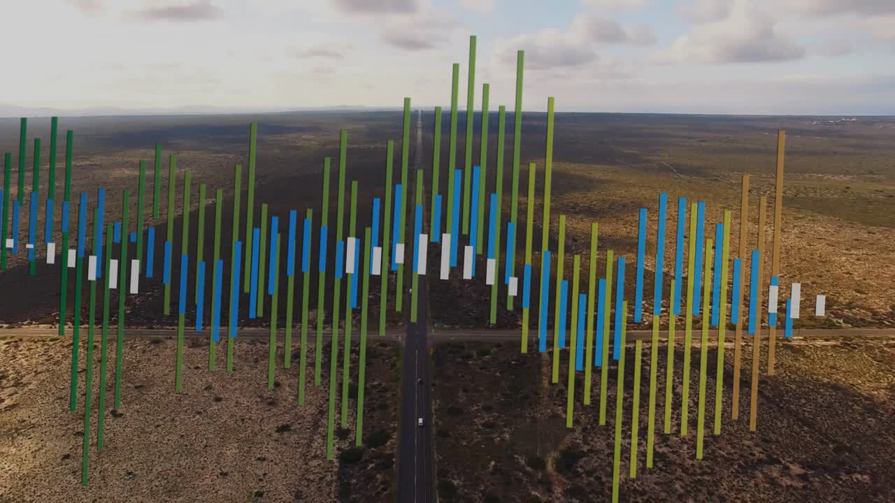 Colored bars appearing left and forming waveform across road, white vehicle moving, showing signal