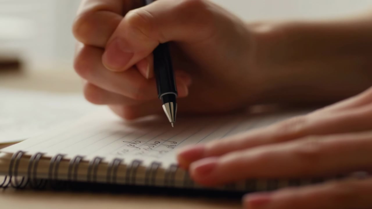 A close-up shot of hands writing in a notebook with a plastic pen, captured from a top-down perspective in an indoor setting. The scene is set against a beige and black background.