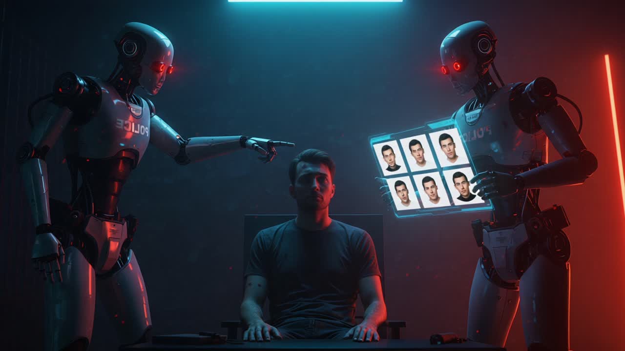 A Human in a Digital Examination: Interrogation by Robots Analyzing Facial Recognition with Displays of AI-Generated Images in a Futuristic Setting