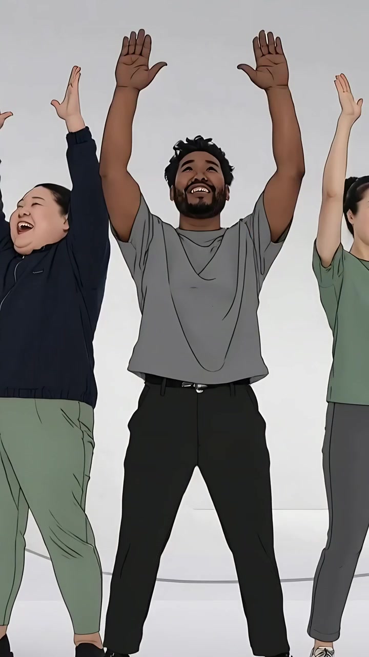Vertical video: Cueing center man leading trio doing squat to crouch in studio for exercise in Tee
