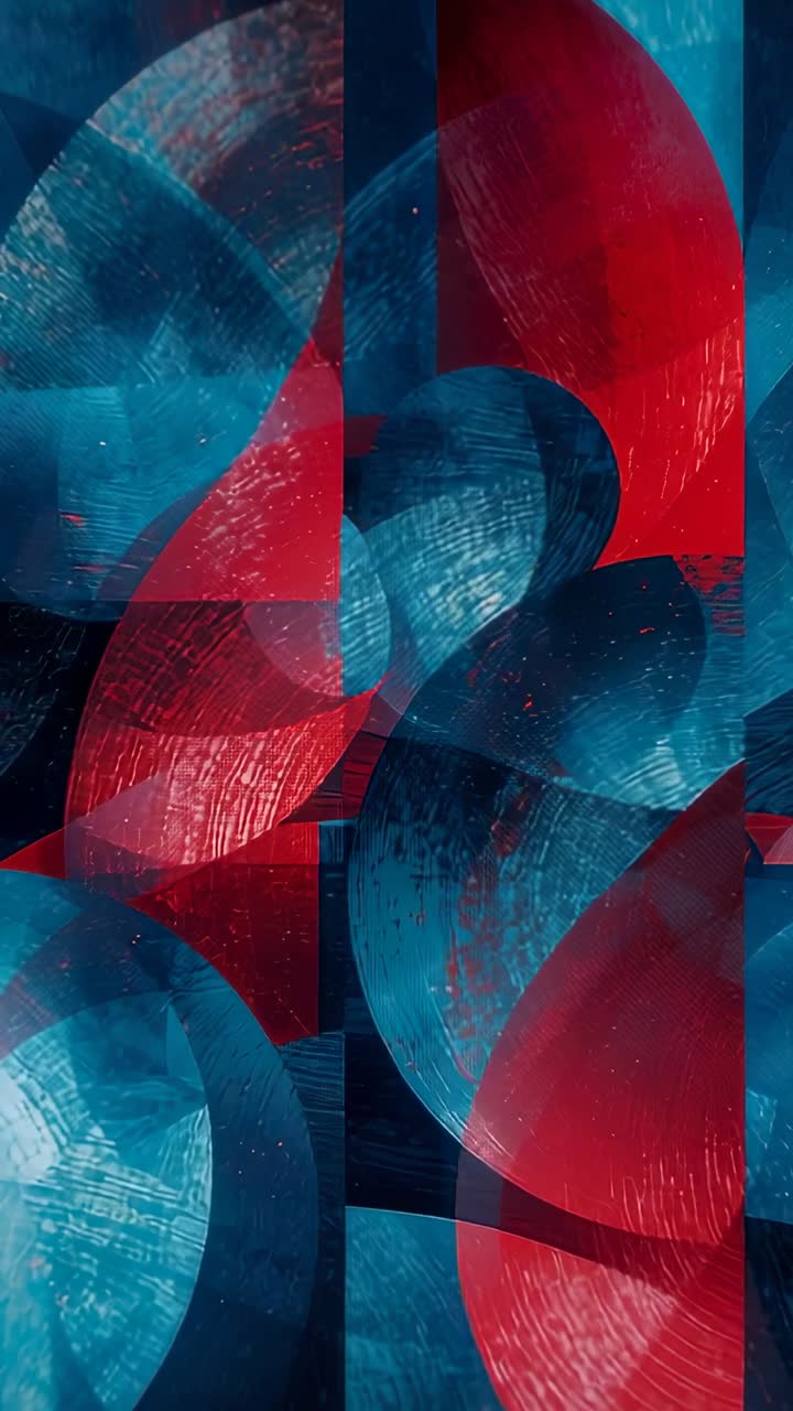 Vertical video: Showing abstract red shapes descending blue circles ascending looping on black