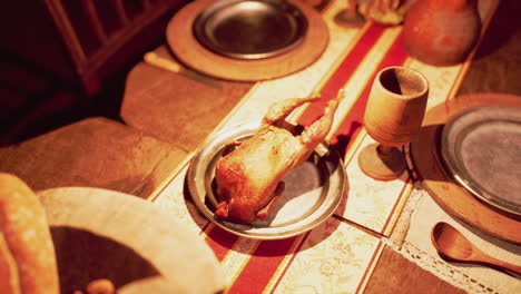 a rustic dining table featuring various food and drink options for a feast