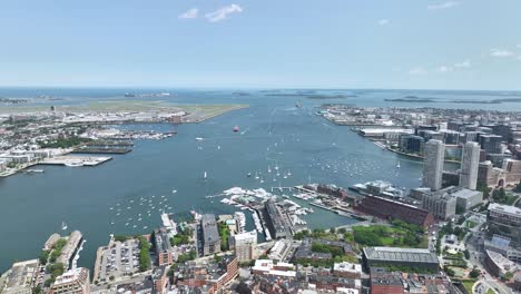 Drone shot of Boston&#039;s waterways opening up to the Atlantic Ocean