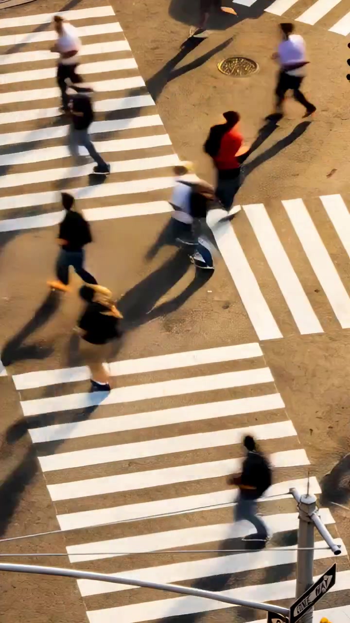 Vidéo verticale : Piétons traversant en masse des passages piétons au signal, montrant une chemise rouge.