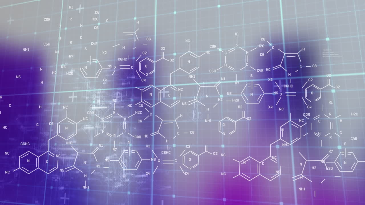Animation of chemical formulas over white and violet digital space