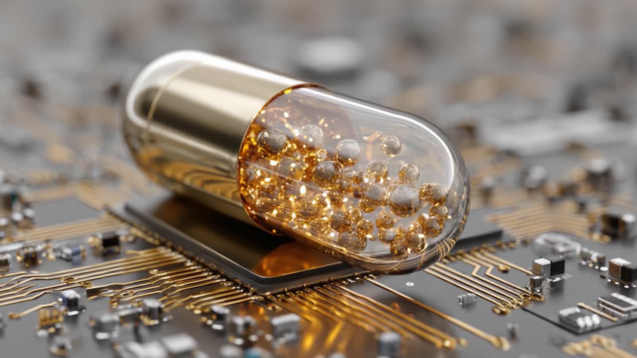 A Captivating Close-Up of a Metallic Capsule Filled with Golden Beads Nestled on an Intricate Circuit Board, Symbolizing the Fusion of Technology and Health Innovation