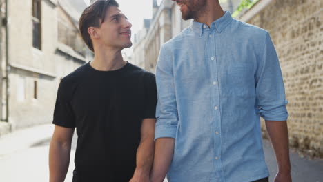 loving male gay couple holding hands walking along city street