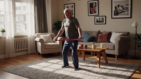 older man exercising with resistance band at home