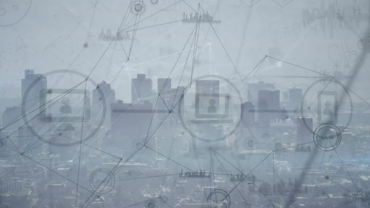 도시 풍경 위의 데이터 처리 및 미디어 아이콘의 애니메이션