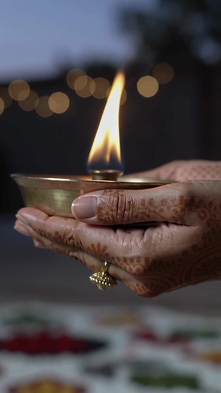 Vertical video: Presenting lit diya henna hands steadying flame on porch with bowl