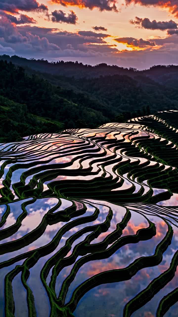 Aerial view of terraced rice fields at sunset, capturing the serene landscape with vibrant