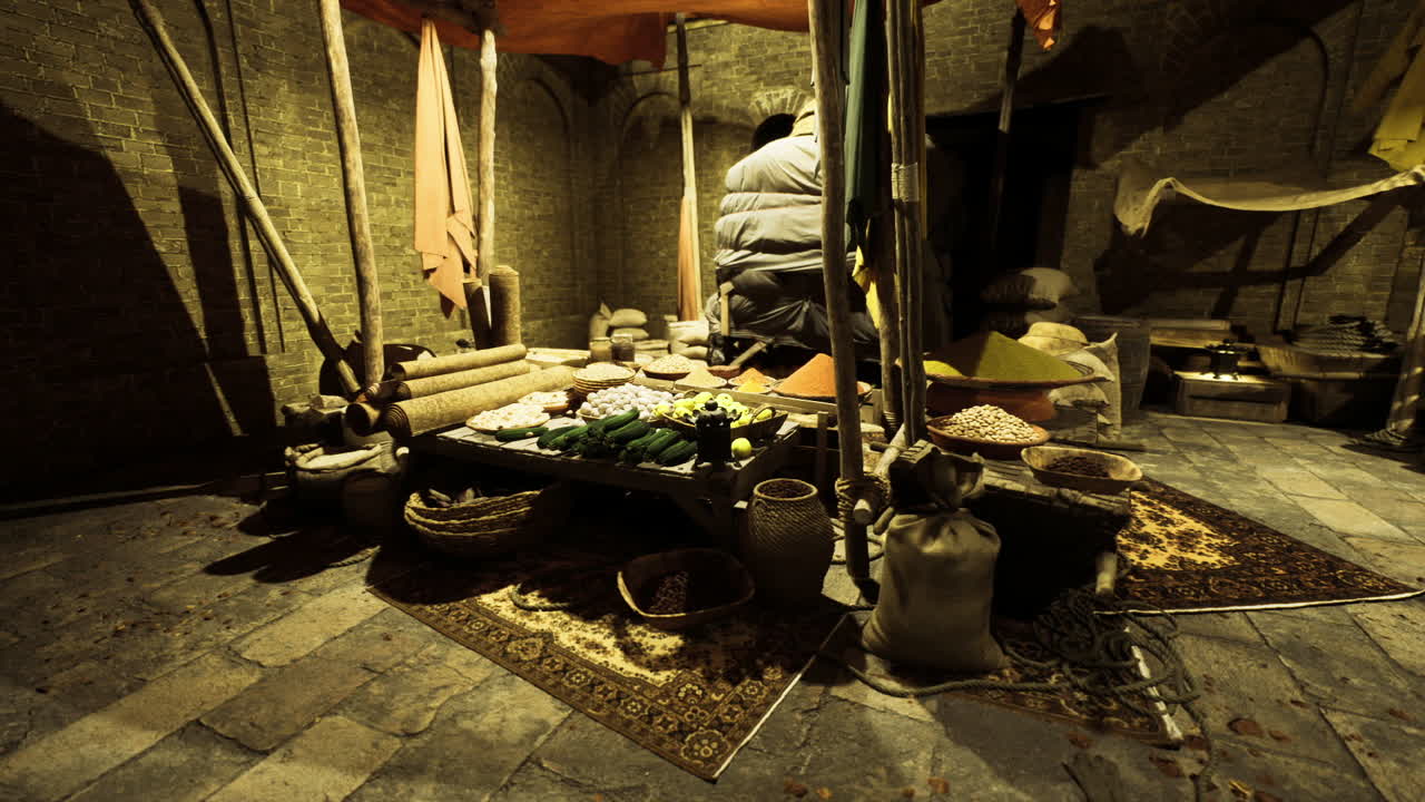 Scena di mercato culturale che espone stuoie intrecciate e contenitori in ceramica