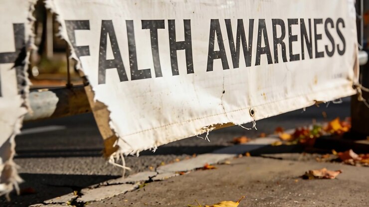 Panning camera moving right at street curb, documenting torn PUBLIC HEALTH AWARENESS banner