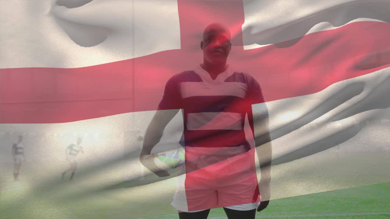 Animation of england flag waving over african american male player holding rugby ball against sky