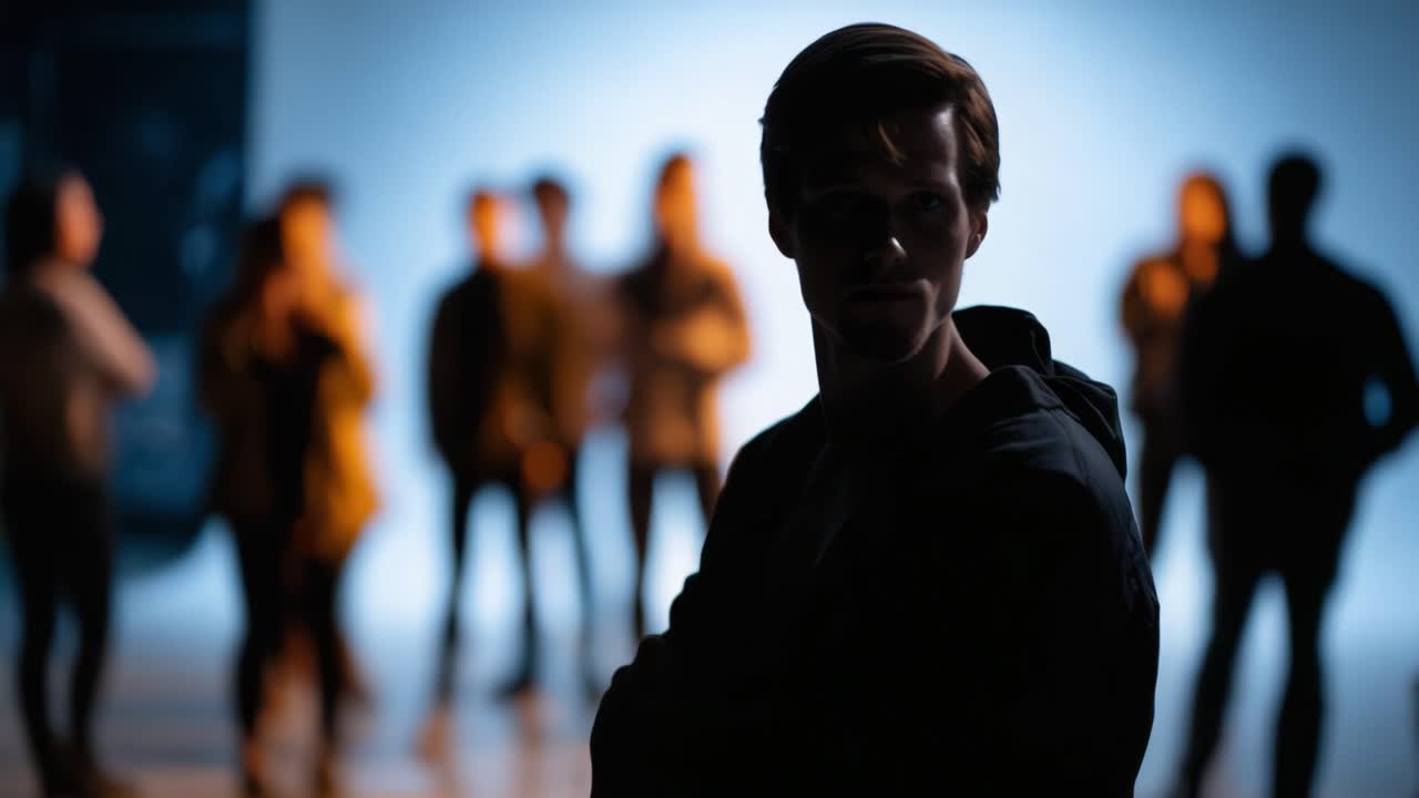 Silhouette di un giovane uomo in uno studio scarsamente illuminato, circondato da figure sfocate, che cattura momenti di introspezione e connessione in un ambiente creativo