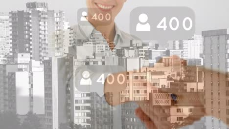 animation of social media reactions and happy caucasian woman over cityscape