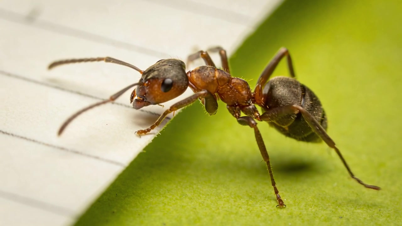 Formica operaia che sonda una cucitura con antenne e zampe anteriori su un substrato verde vicino a un quaderno a righe.