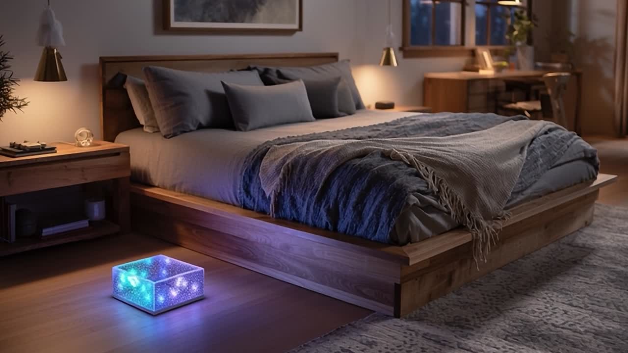 Acogedora habitación moderna con iluminación ambiental por la noche