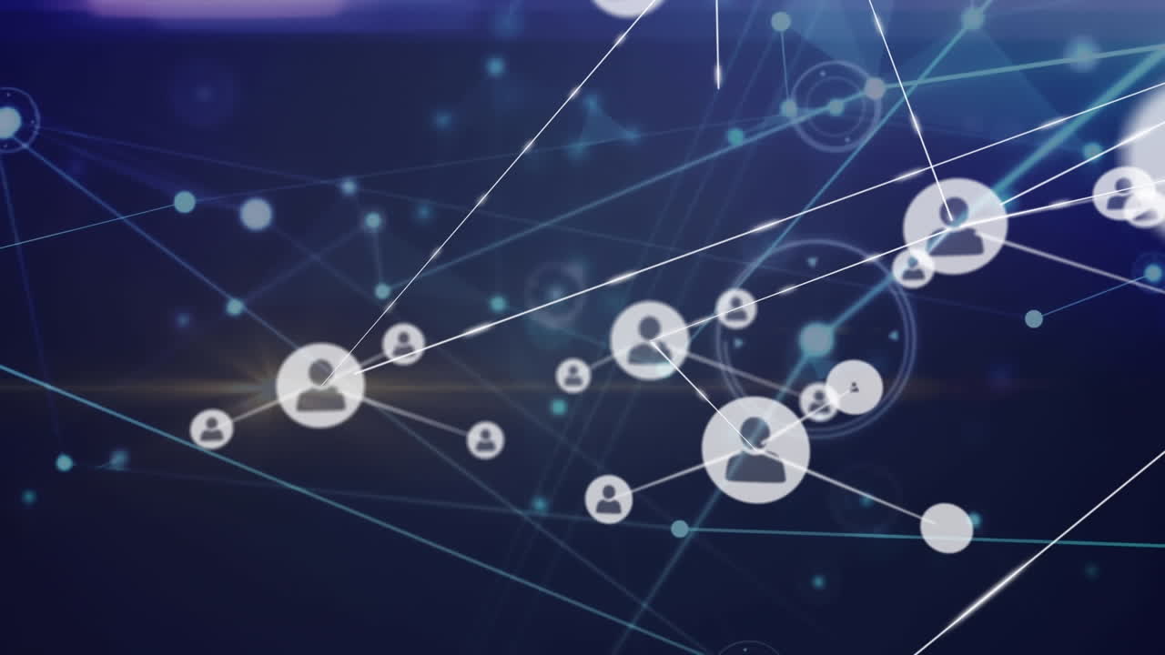 Animation of network of connections with icons on dark background