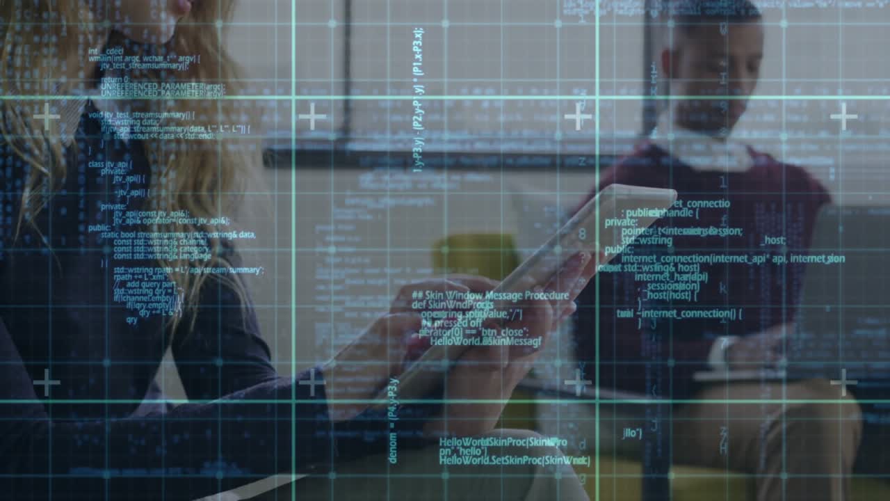 Woman tapping tablet and revealing HUD code grid, reviewing software data while man typing behind