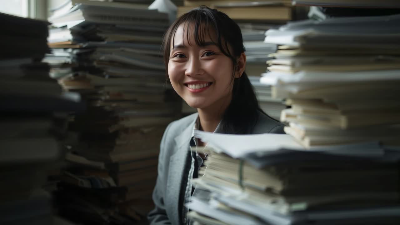 Lifting gaze clerk wearing gray blazer in cramped office amid paper stacks, smiling toward camera