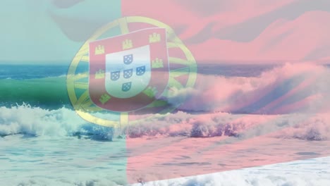 Composición-Digital-De-Ondear-La-Bandera-De-Portugal-Contra-Las-Olas-En-El-Mar