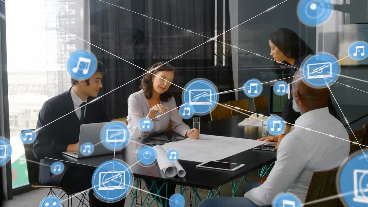 animación de la red de conexiones con iconos sobre diversas personas de negocios en la oficina