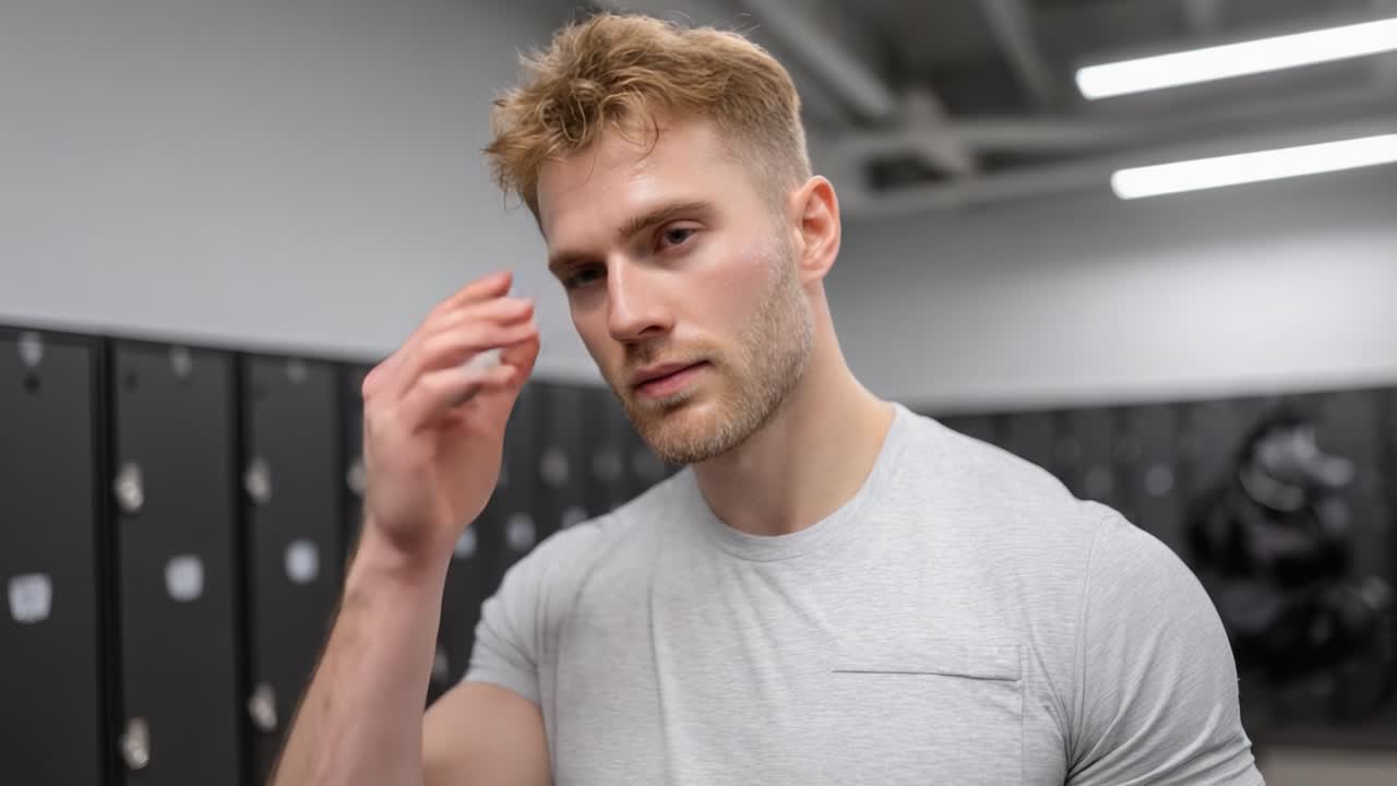 A man experiencing fatigue and contemplation in a locker room, reflecting on his emotions and workout, demonstrating the mental challenge of fitness and self-improvement