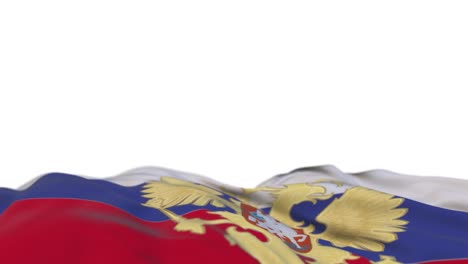 russia fabric flag with coat of arms waving on the wind loop. russian embroidery stitched cloth banner swaying on the breeze. half-filled white background. place for text. 20 seconds loop.