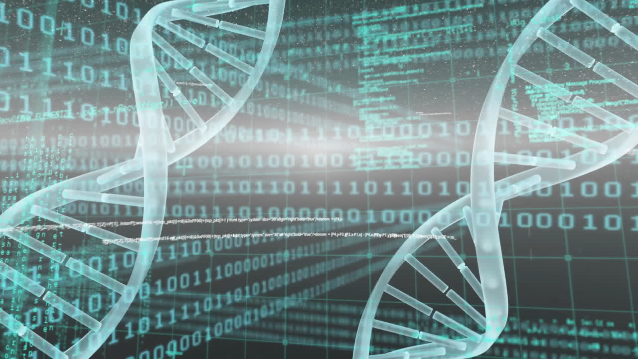 Animation of dna strand, data processing over binary coding